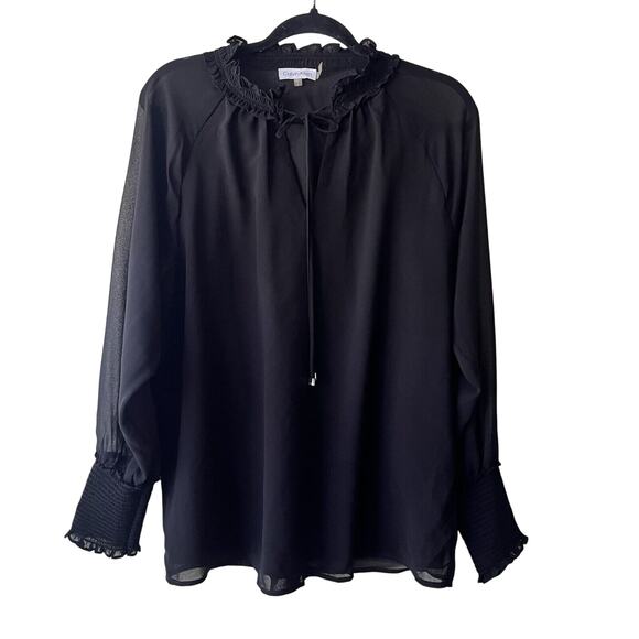 Calvin Klein Women Long Sleeve Sheer Lined Black Blouse Top Size M‎ - Picture 1 of 5